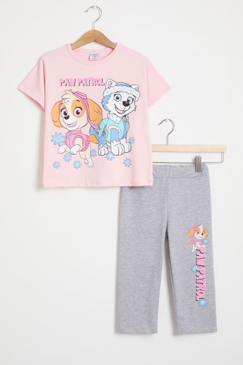 Toz Pembe Pati Baskı Tişört ve Şort Taytlı Kız Takım 15446