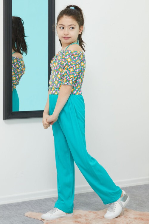 Turkuaz Desenli Bluz ve Pantolonlu Kız Takım 15389