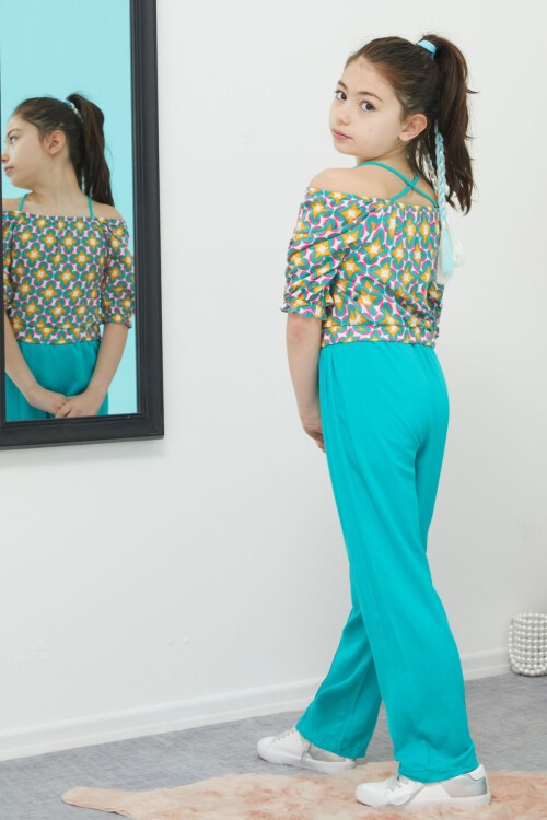 Turkuaz Desenli Bluz ve Pantolonlu Kız Takım 15389
