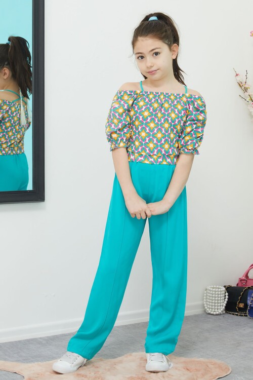 Turkuaz Desenli Bluz ve Pantolonlu Kız Takım 15389