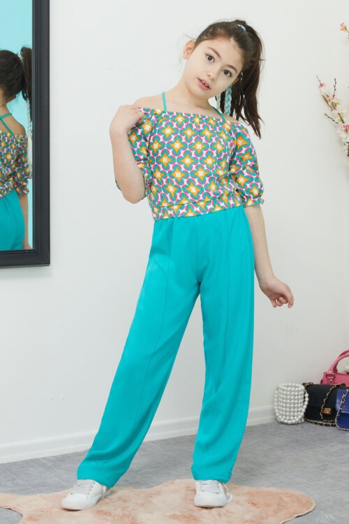 Turkuaz Desenli Bluz ve Pantolonlu Kız Takım 15389