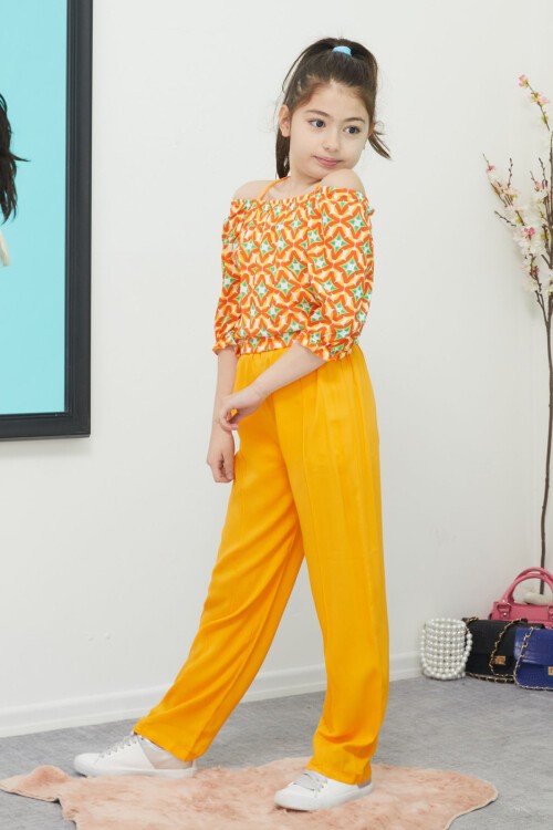 Turuncu Desenli Bluz ve Pantolonlu Kız Takım 15388