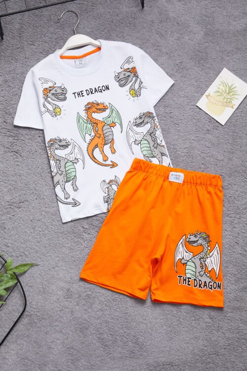 Turuncu Ejderha Baskılı Erkek Çocuk Şortlu Takım 15400