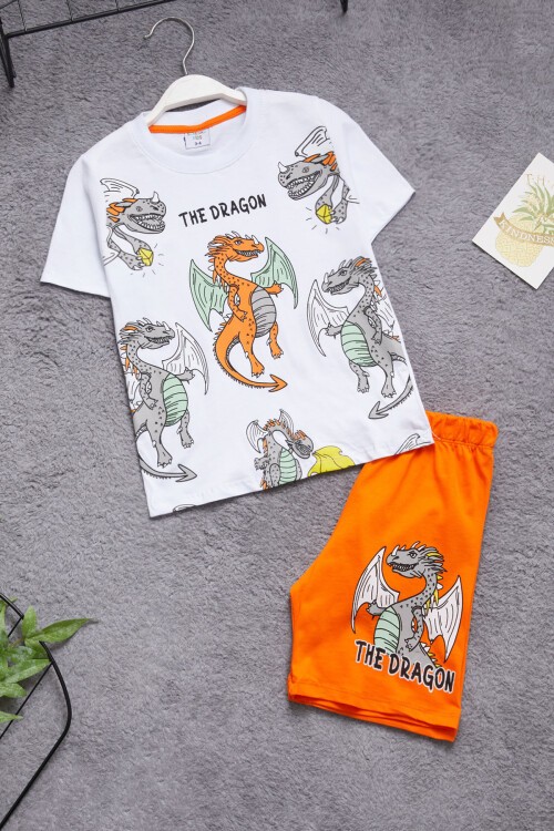 Turuncu Ejderha Baskılı Erkek Çocuk Şortlu Takım 15400