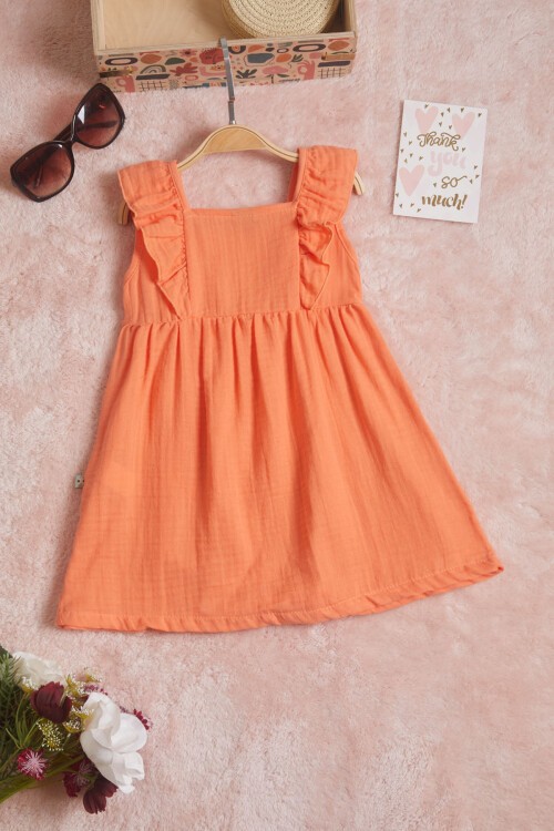 Turuncu Kolsuz Düğmeli Kız Çocuk Elbise 15593