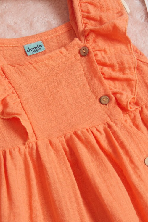 Turuncu Kolsuz Düğmeli Kız Çocuk Elbise 15593