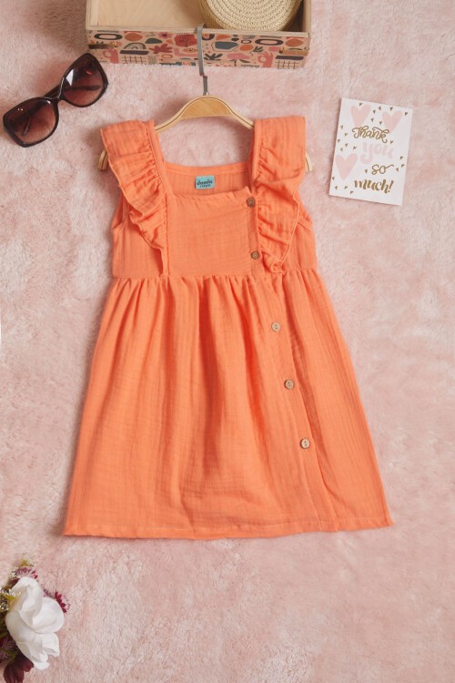 Turuncu Kolsuz Düğmeli Kız Çocuk Elbise 15593