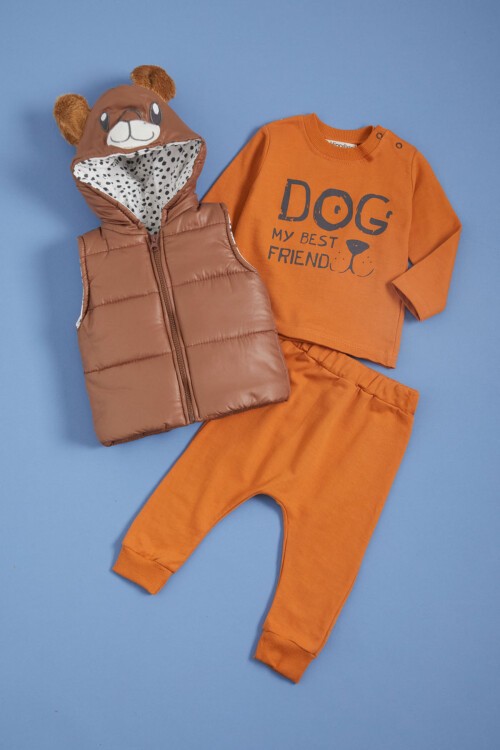 Turuncu Pati Baskılı Kulaklı Şişme Yelekli Erkek bebek 3lü Takım 16046