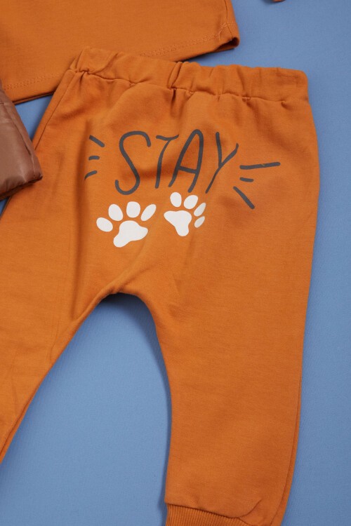 Turuncu Pati Baskılı Kulaklı Şişme Yelekli Erkek bebek 3lü Takım 16046