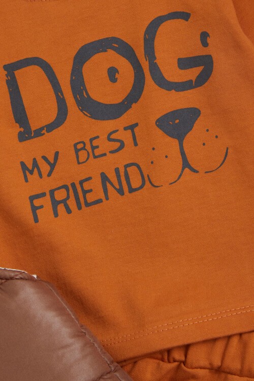 Turuncu Pati Baskılı Kulaklı Şişme Yelekli Erkek bebek 3lü Takım 16046