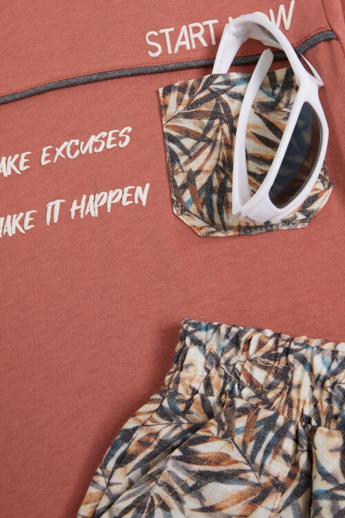 Turuncu Yazılı Erkek Çocuk Desenli Şortlu Takım 15558