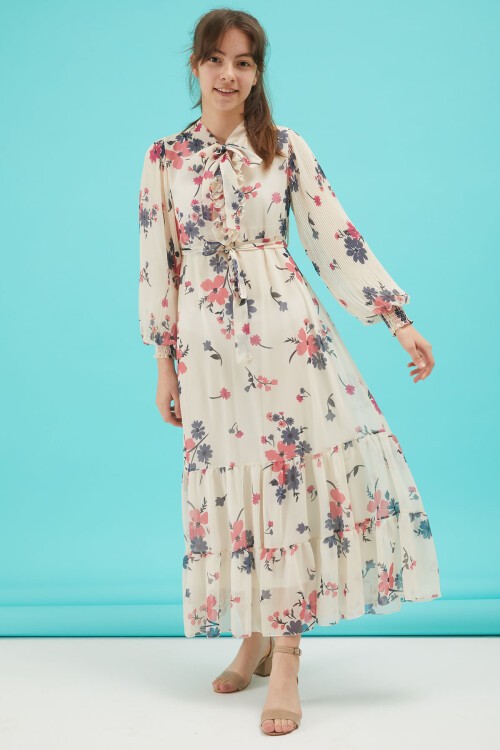 Yakası Kuşaklı Kız Şifon Elbise 16060