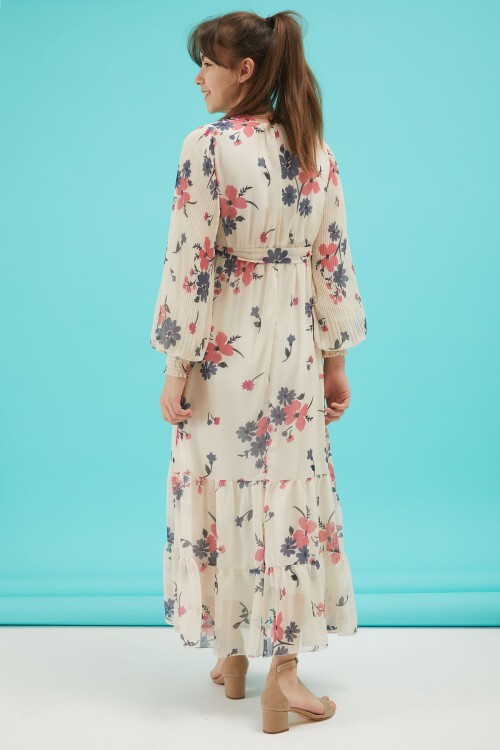 Yakası Kuşaklı Kız Şifon Elbise 16060