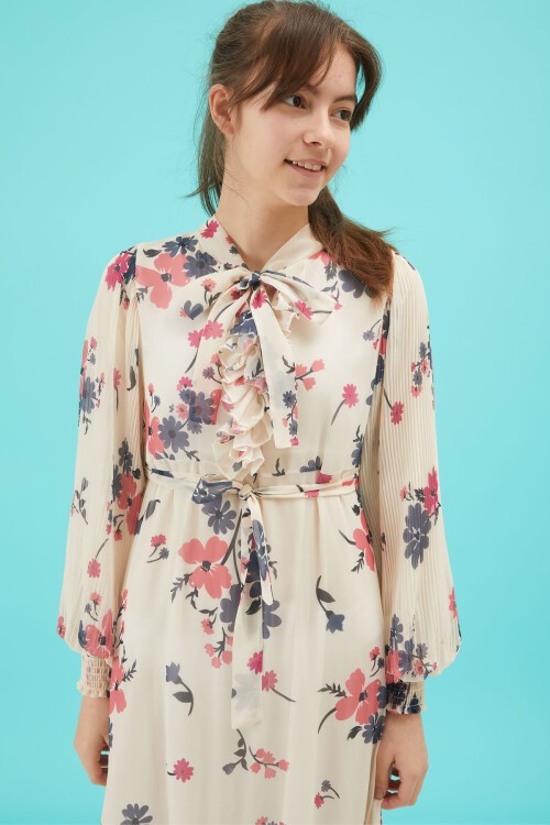 Yakası Kuşaklı Kız Şifon Elbise 16060