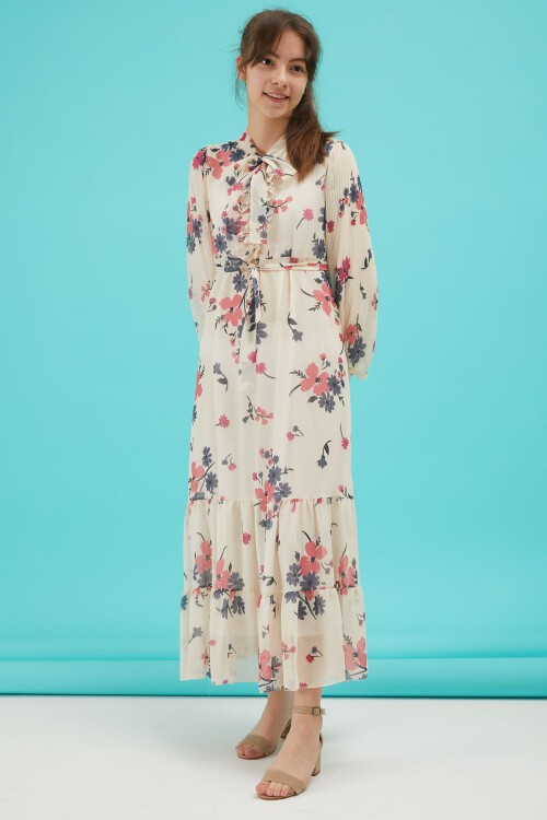 Yakası Kuşaklı Kız Şifon Elbise 16060