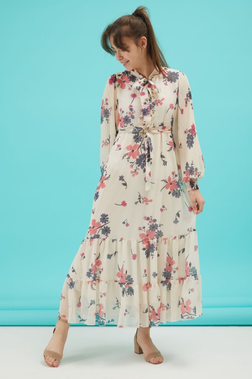 Yakası Kuşaklı Kız Şifon Elbise 16060