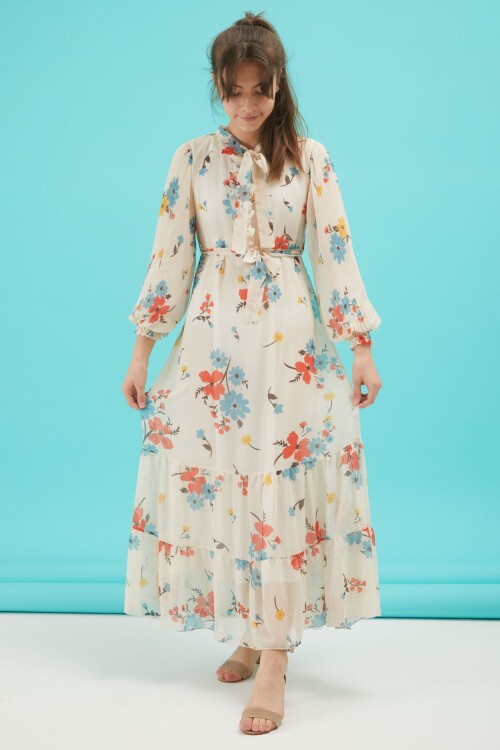 Yakası Kuşaklı Kız Şifon Elbise 16060