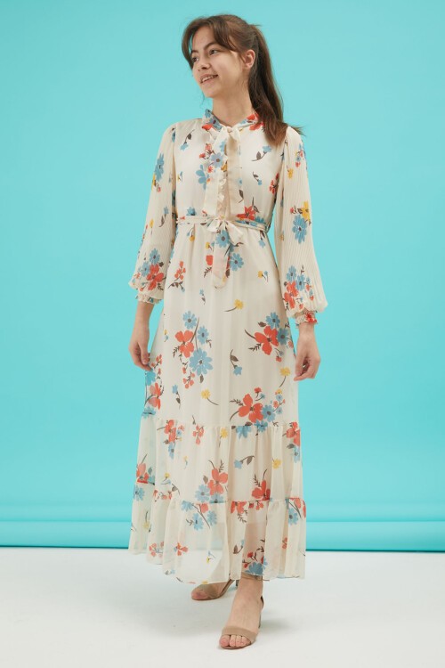 Yakası Kuşaklı Kız Şifon Elbise 16060