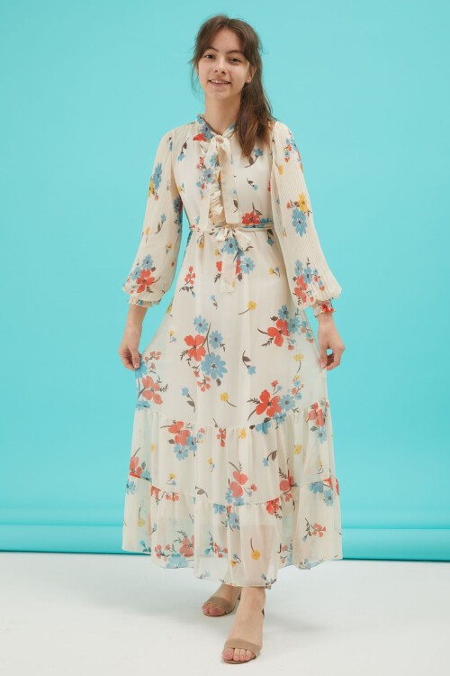 Yakası Kuşaklı Kız Şifon Elbise 16060