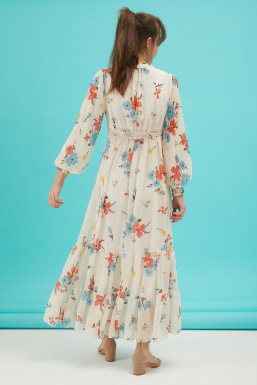 Yakası Kuşaklı Kız Şifon Elbise 16060