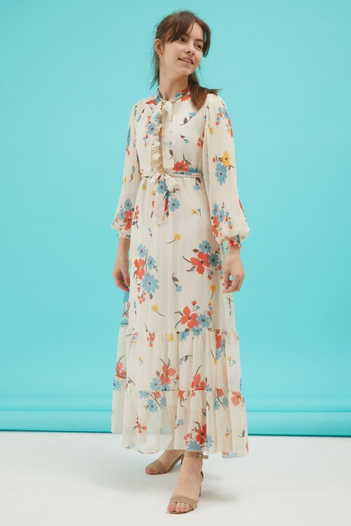 Yakası Kuşaklı Kız Şifon Elbise 16060