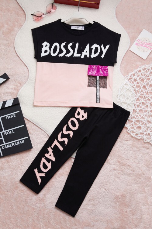 Yazı Baskılı Kız Çocuk Taytlı Yazlık Takım 15356