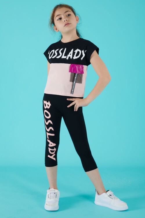 Yazı Baskılı Kız Çocuk Taytlı Yazlık Takım 15356