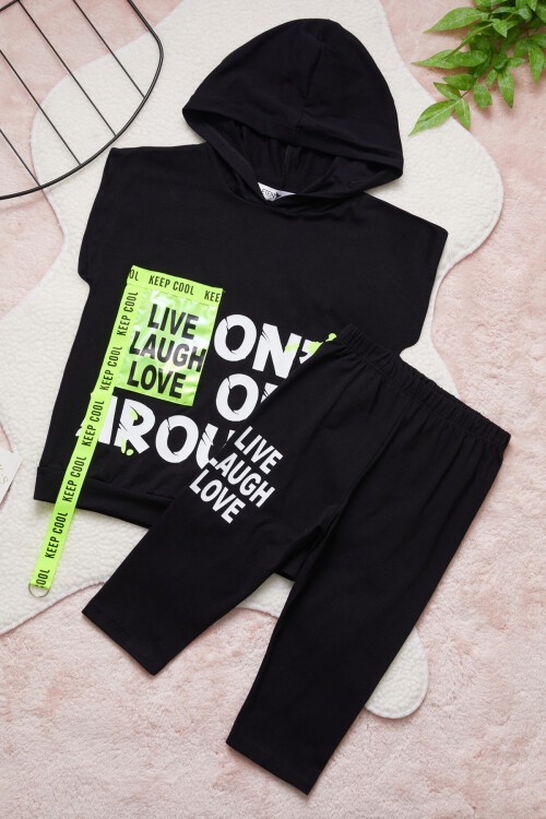 Yazı Baskılı Sıfır Kol Kapüşonlu Şortlu Kız Takım 15353