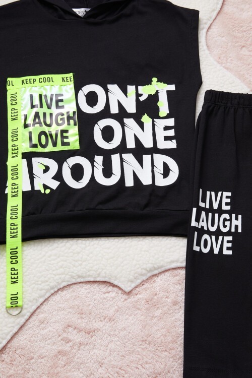 Yazı Baskılı Sıfır Kol Kapüşonlu Şortlu Kız Takım 15353