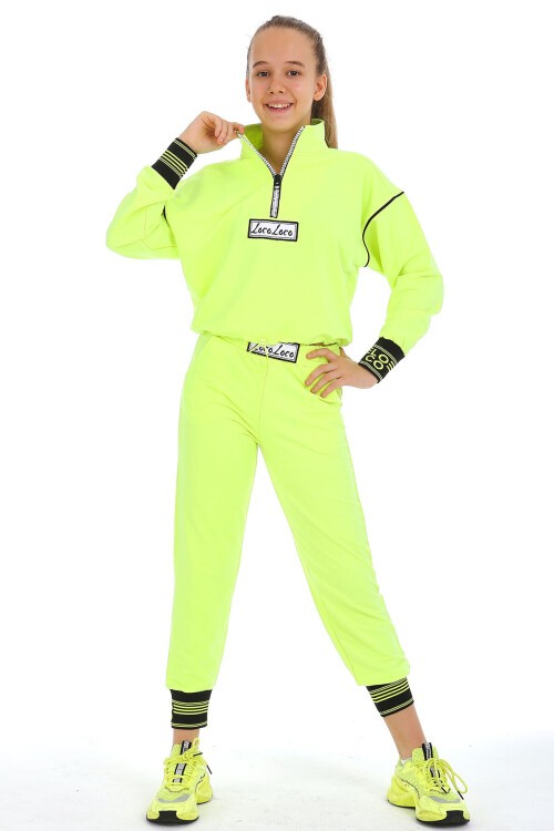 Yazı Nakışlı Fermuarlı Yaka Kız Eşofman Takımı 10-15 Yaş 15002