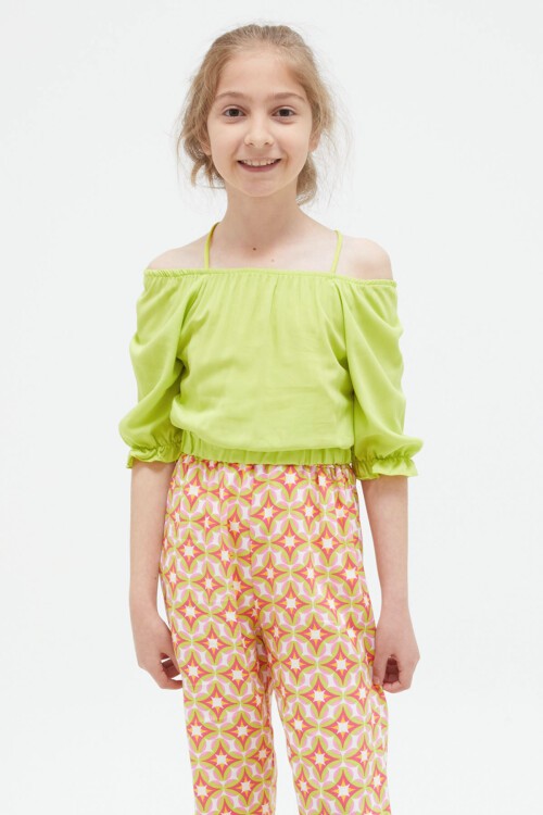 Yeşil Askılı Bluzlu Pantolonlu Kız Çocuk Takım 15412