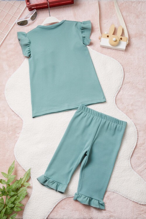 Yeşil Ayıcık Cepli Volanlı Kız Çocuk Şortlu Takım 15421