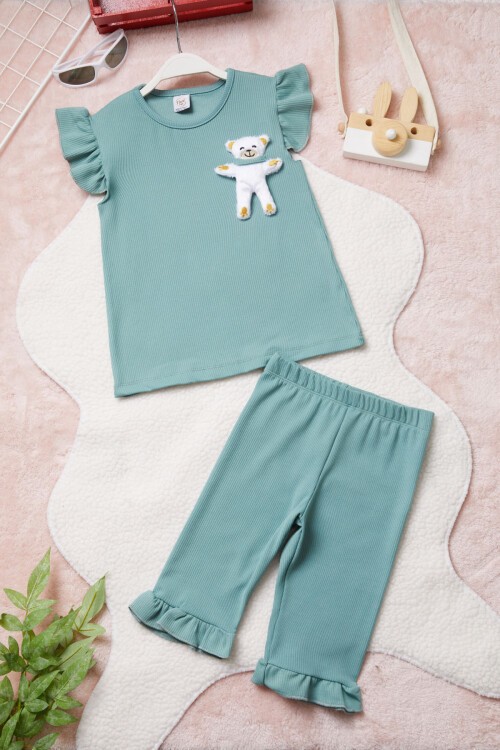 Yeşil Ayıcık Cepli Volanlı Kız Çocuk Şortlu Takım 15421