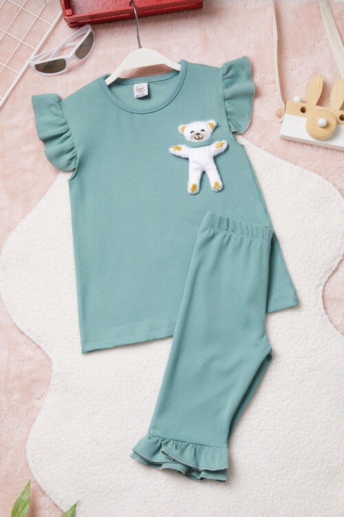 Yeşil Ayıcık Cepli Volanlı Kız Çocuk Şortlu Takım 15421