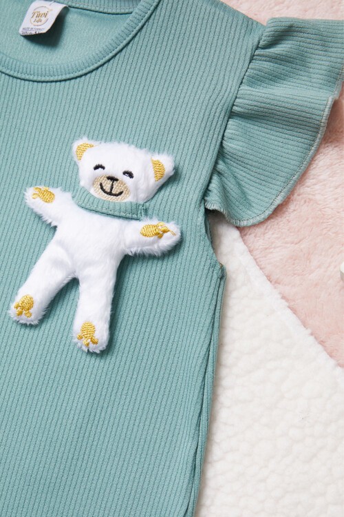 Yeşil Ayıcık Cepli Volanlı Kız Çocuk Şortlu Takım 15421