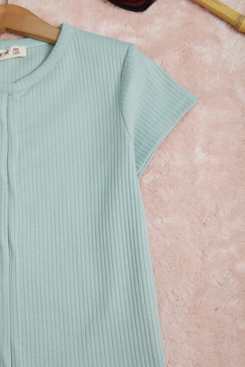 Yeşil Büzgülü Pamuklu Kız Çocuk Tişört 15663