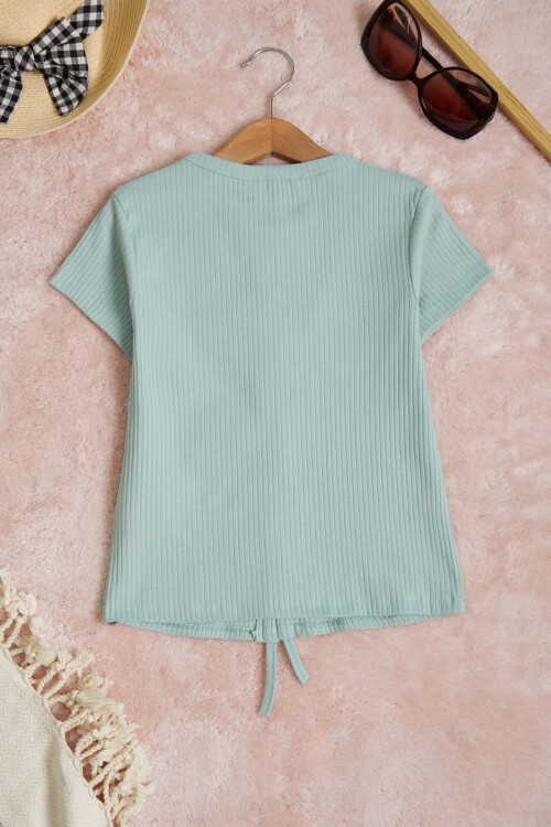 Yeşil Büzgülü Pamuklu Kız Çocuk Tişört 15663