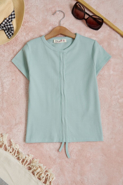 Yeşil Büzgülü Pamuklu Kız Çocuk Tişört 15663