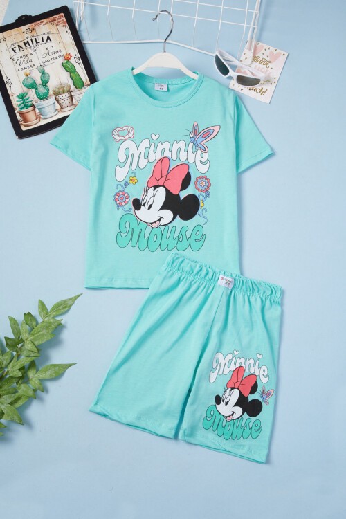 Yeşil Çiçekli Karakter Baskılı Kız Çocuk Şortlu Takım 15632