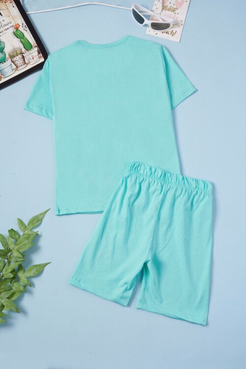 Yeşil Çiçekli Karakter Baskılı Kız Çocuk Şortlu Takım 15632