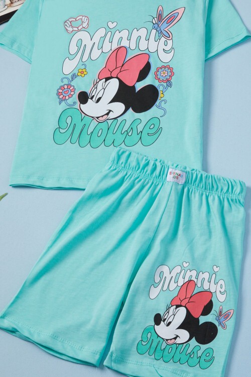 Yeşil Çiçekli Karakter Baskılı Kız Çocuk Şortlu Takım 15632