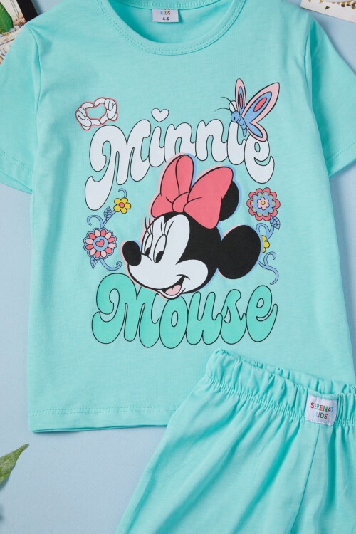 Yeşil Çiçekli Karakter Baskılı Kız Çocuk Şortlu Takım 15632