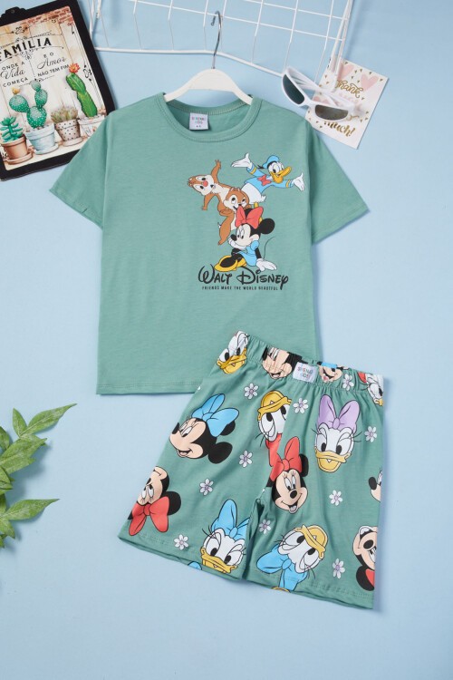 Yeşil Çizgi Karakterli Kız Çocuk Şortlu Takım 15627