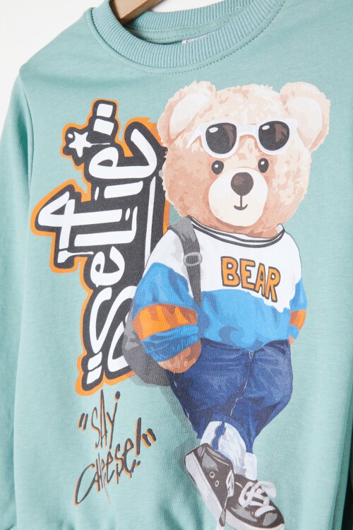 Yeşil Cool Ayıcık Baskılı Erkek Çocuk Eşofman Takımı 16351