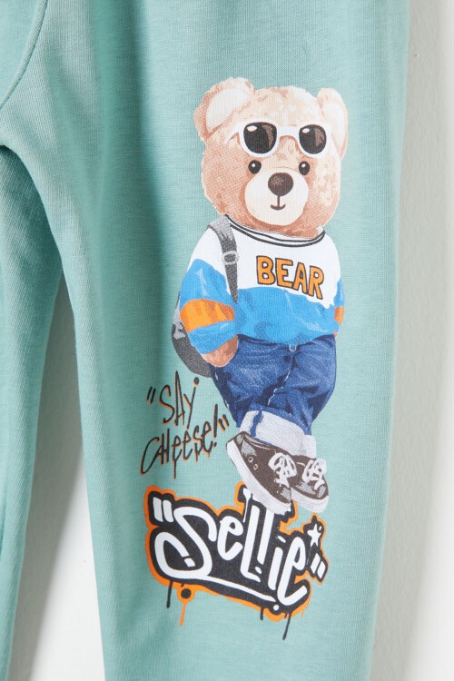 Yeşil Cool Ayıcık Baskılı Erkek Çocuk Eşofman Takımı 16351