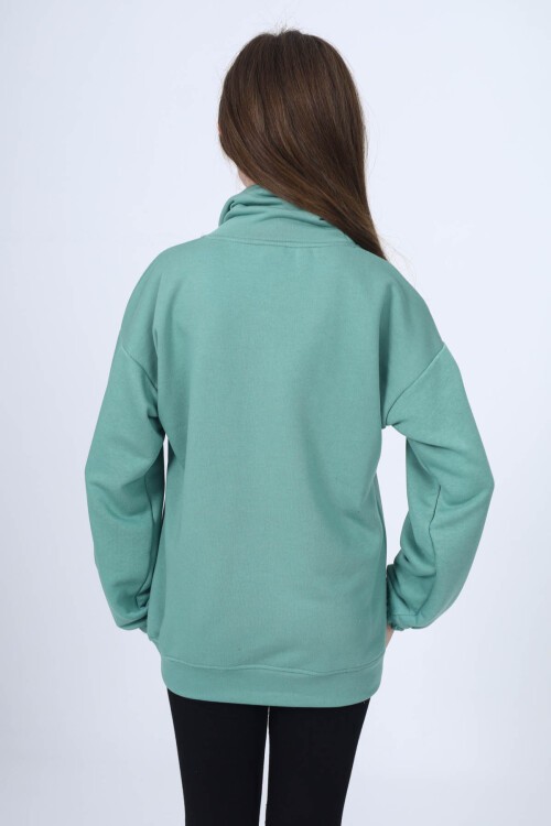Yeşil Cool Yazı Baskılı Boğazlı Kız Çocuk Sweatshirt 16452