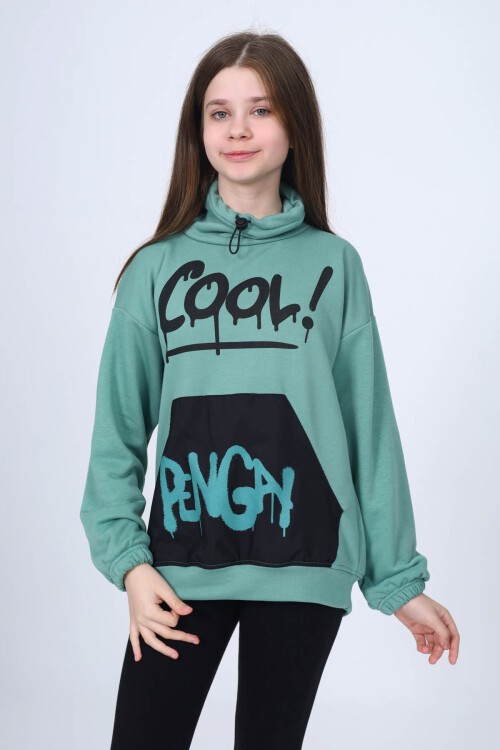 Yeşil Cool Yazı Baskılı Boğazlı Kız Çocuk Sweatshirt 16452