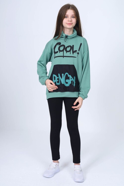 Yeşil Cool Yazı Baskılı Boğazlı Kız Çocuk Sweatshirt 16452