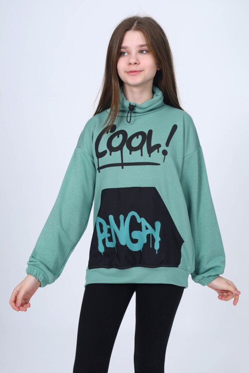 Yeşil Cool Yazı Baskılı Boğazlı Kız Çocuk Sweatshirt 16452