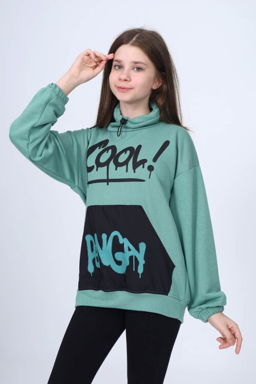 Yeşil Cool Yazı Baskılı Boğazlı Kız Çocuk Sweatshirt 16452